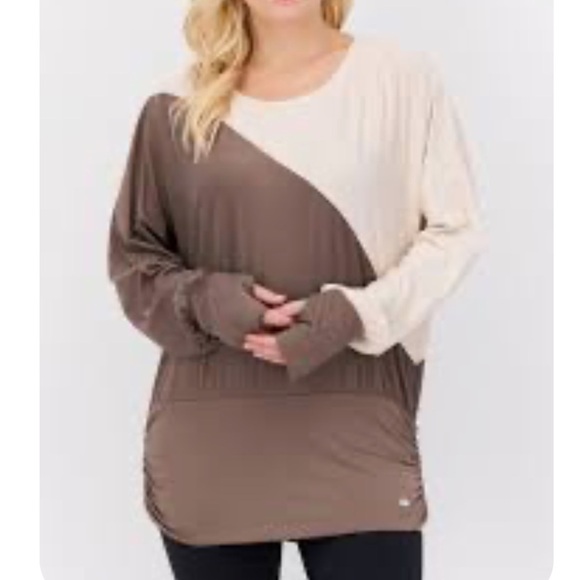 Tahari Sports Women Sportswear Fit Long Sleeve Two Tone Top, Brown Large - Picture 1 of 8